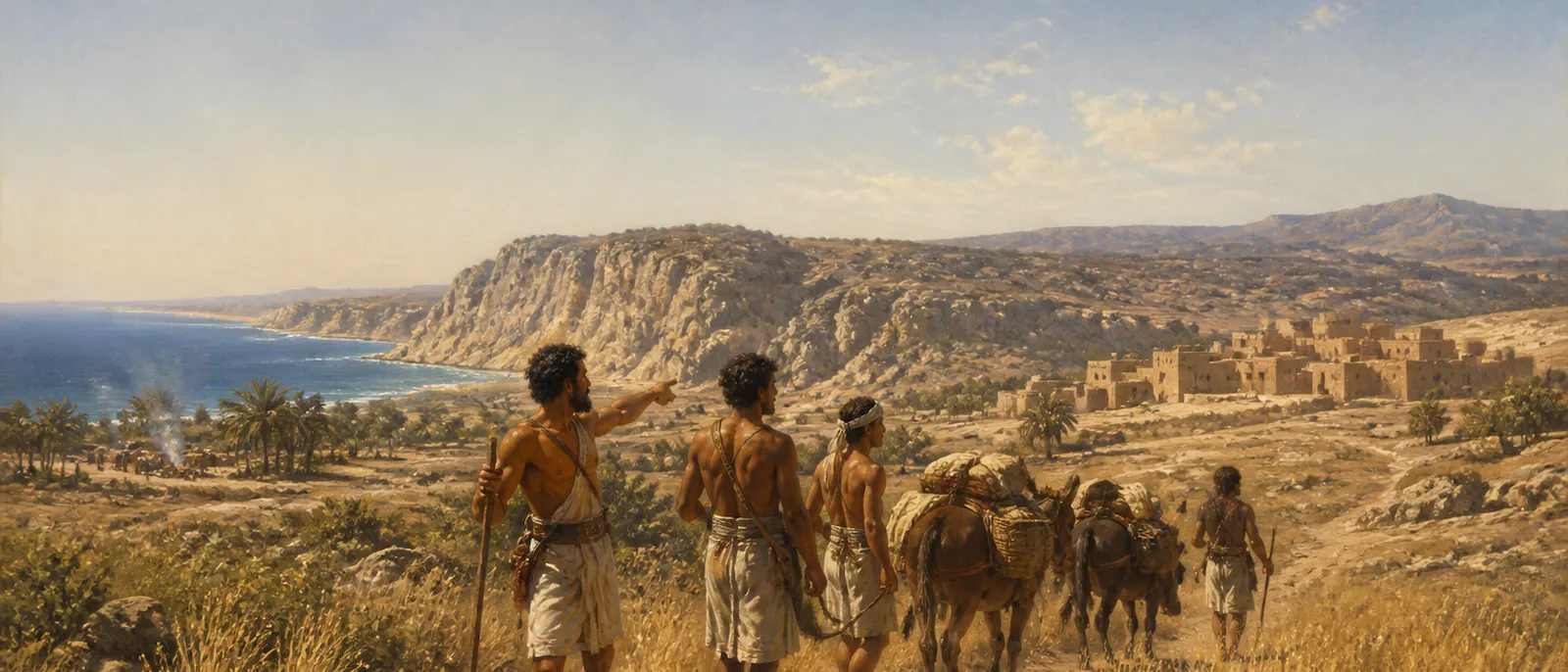 A small group of ancient North African men lead a caravan through a grassy coastal valley near limestone cliffs and palm trees.