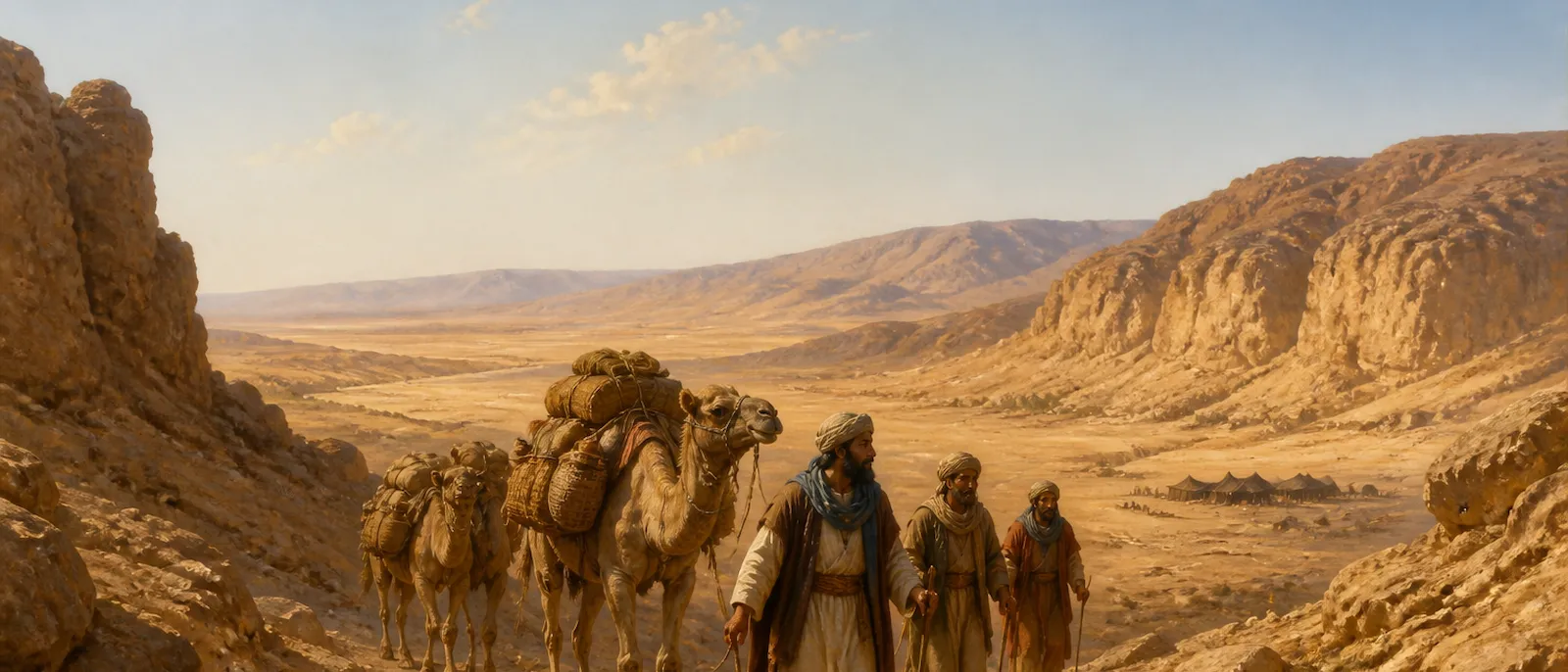 A small group of ancient desert nomads leads a caravan of camels through a rugged sandstone canyon toward a distant camp.