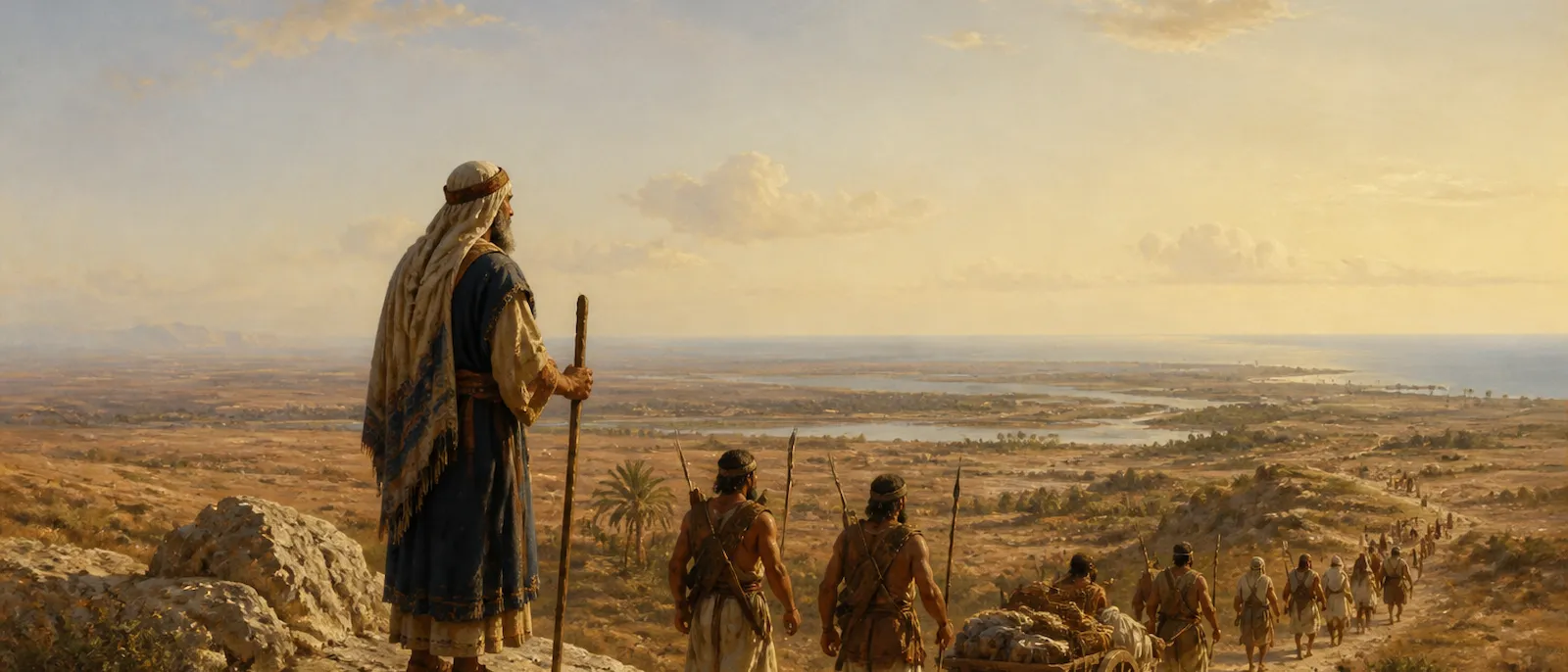A group of ancient Ludim archers and their families migrate through a dry coastal landscape under the guidance of their progenitor.