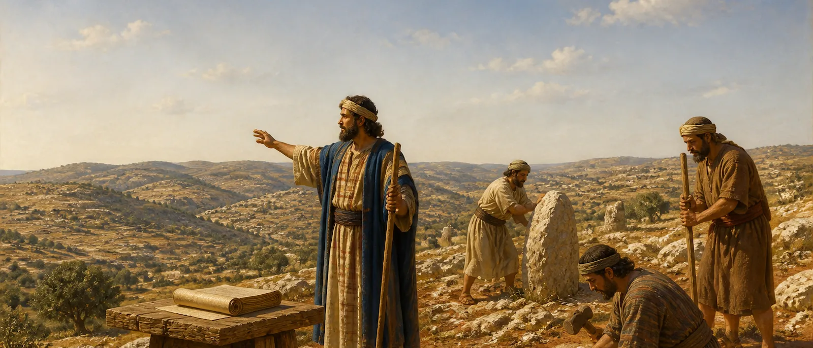 Men in ancient Levantine tunics set boundary stones and survey a hillside territory near a small settlement.