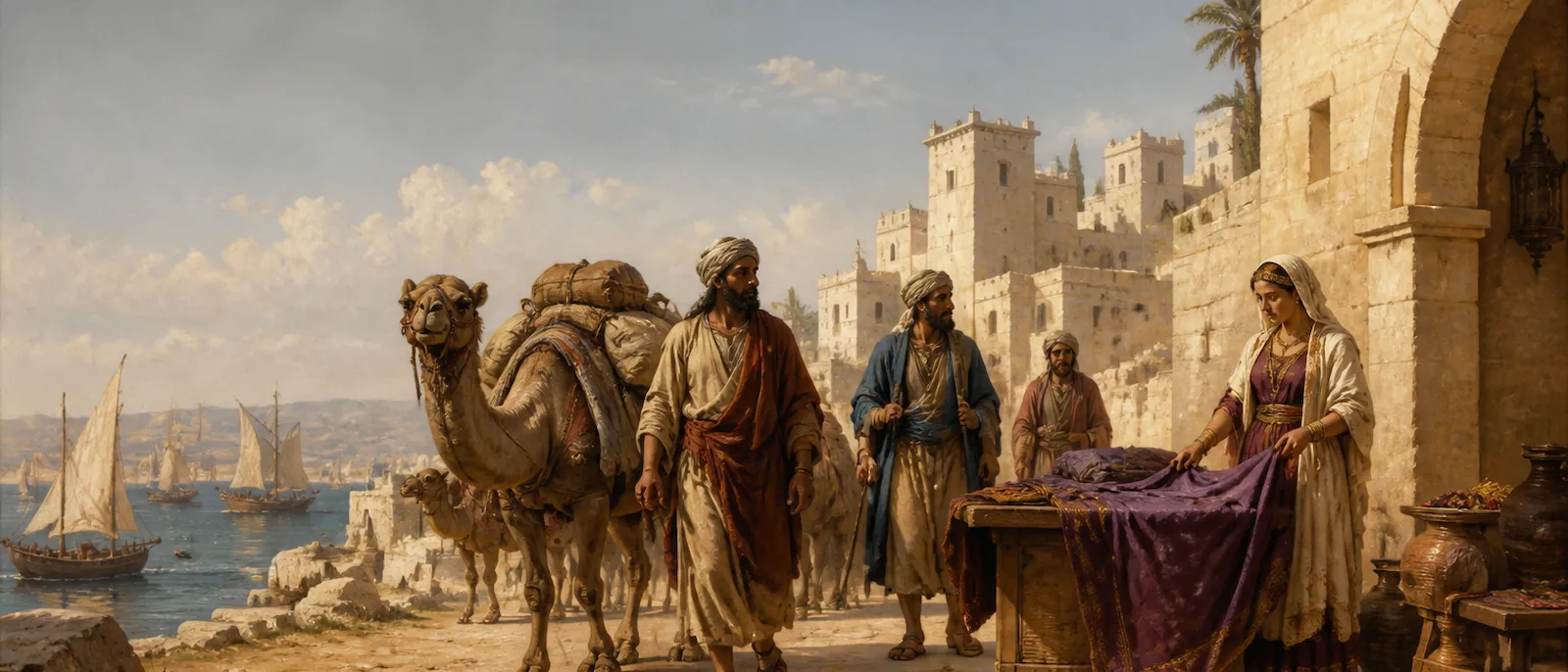 Ancient merchants in desert robes lead camels near a woman examining a roll of deep purple cloth in a sunlit stone marketplace.