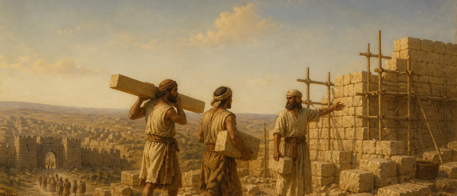 A group of ancient temple servants transport building materials through a dusty construction site near the stone foundations of an unfinished temple.