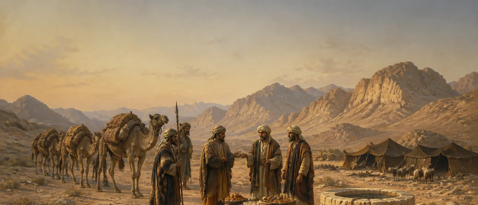 Midianite traders with camels and nomadic tents rest in a stark desert landscape near a watering hole.