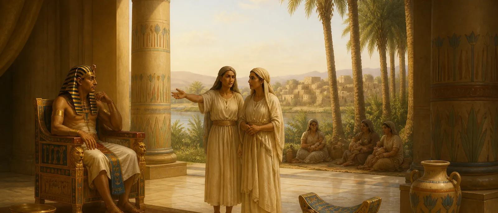 Two Hebrew midwives stand in an Egyptian palace explaining their actions to a seated ruler while mothers and infants rest in the distance.