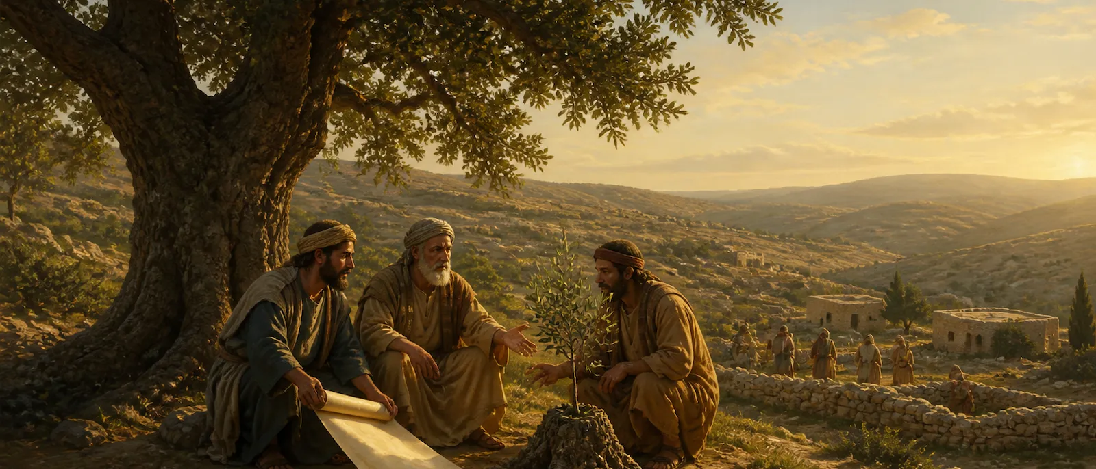 A group of ancient Judahite men stand near an oak tree and a new plant shoot while overlooking a small settlement in a hilly landscape.