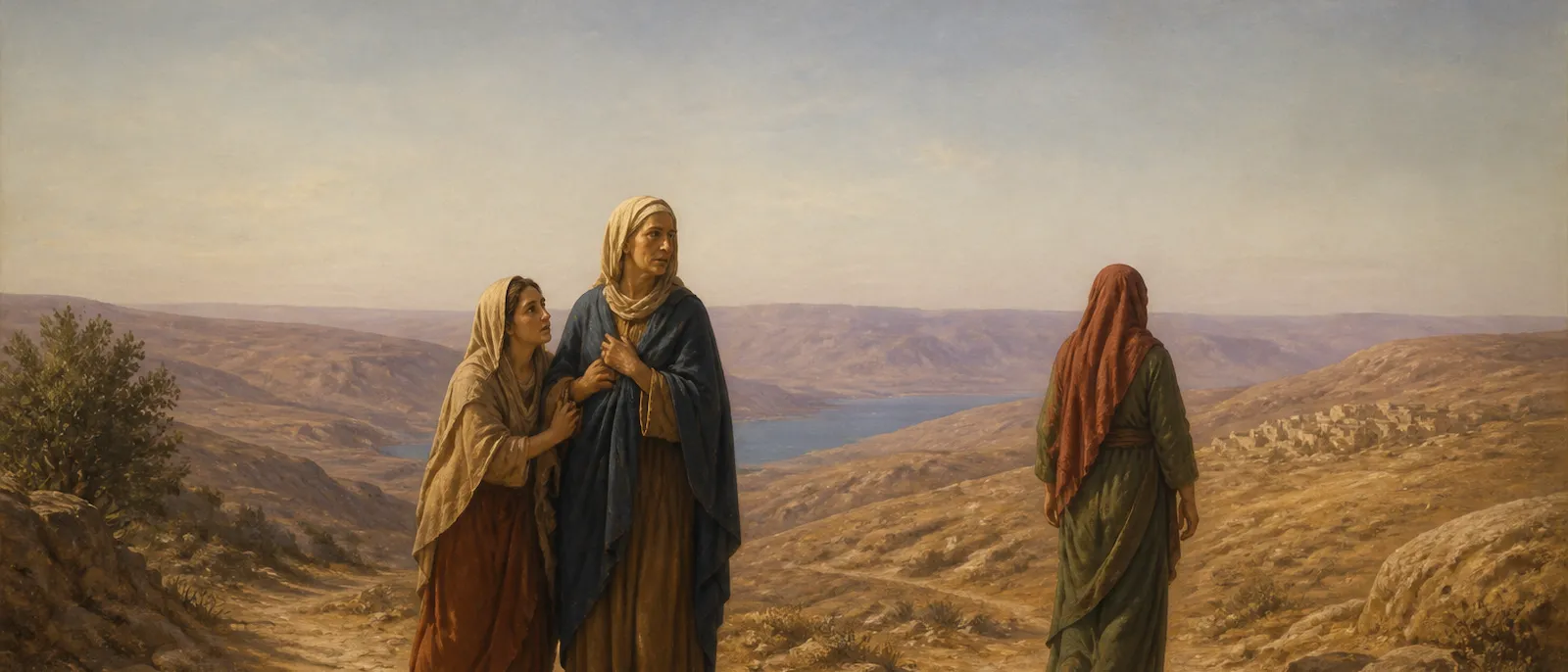 A young Moabite woman firmly embraces an elderly woman on a high mountain road while a third woman walks away toward a distant hilly landscape.