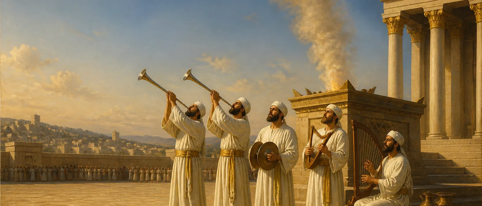 Levite musicians and priests play lyres, harps, cymbals, and silver trumpets near a temple altar.