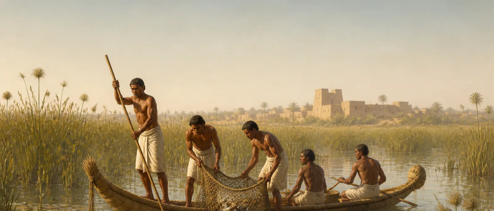 Ancient settlers navigate a small reed boat through a river marsh toward a distant mud-brick village.