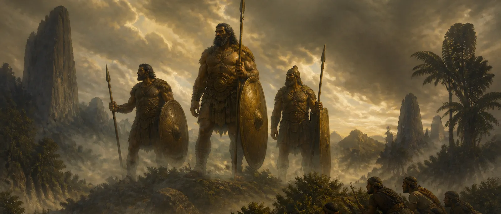 Three massive ancient warriors stand in a rocky valley while small figures watch them from the distant shadows of thick foliage.