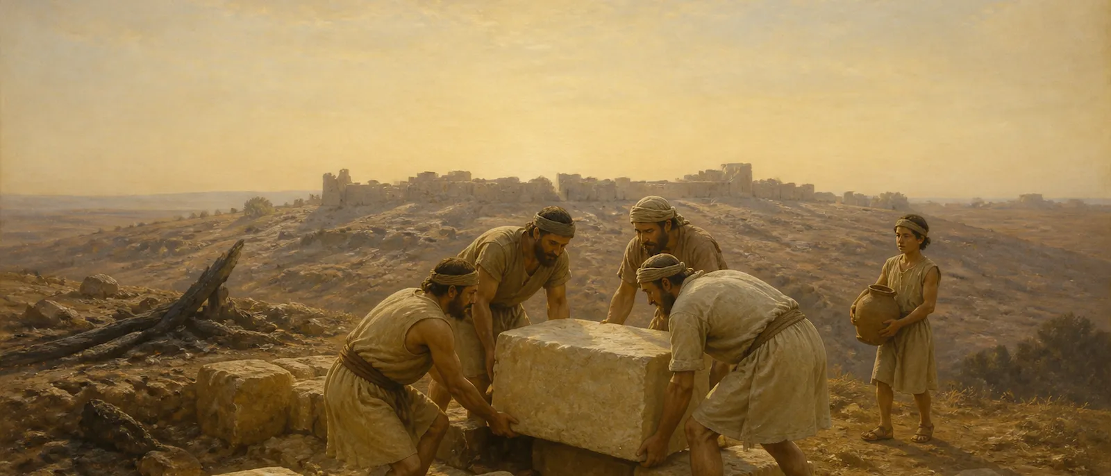 A family of temple servants labors together to set a heavy stone within a ruined construction site under a vast sky.