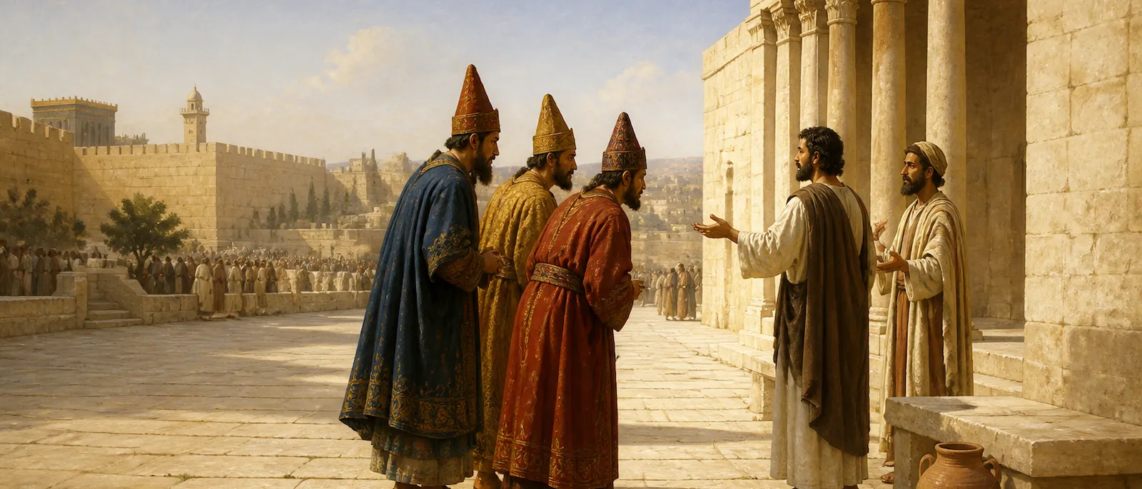 Three ancient Parthian men in ornate Eastern dress listen intently to a group of men gesturing near a shaded portico in Jerusalem.