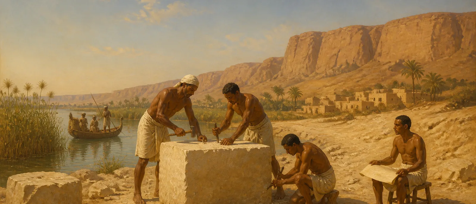 A group of ancient Pathrusim craftsmen work with stone blocks near the banks of the Upper Nile under a desert cliff.
