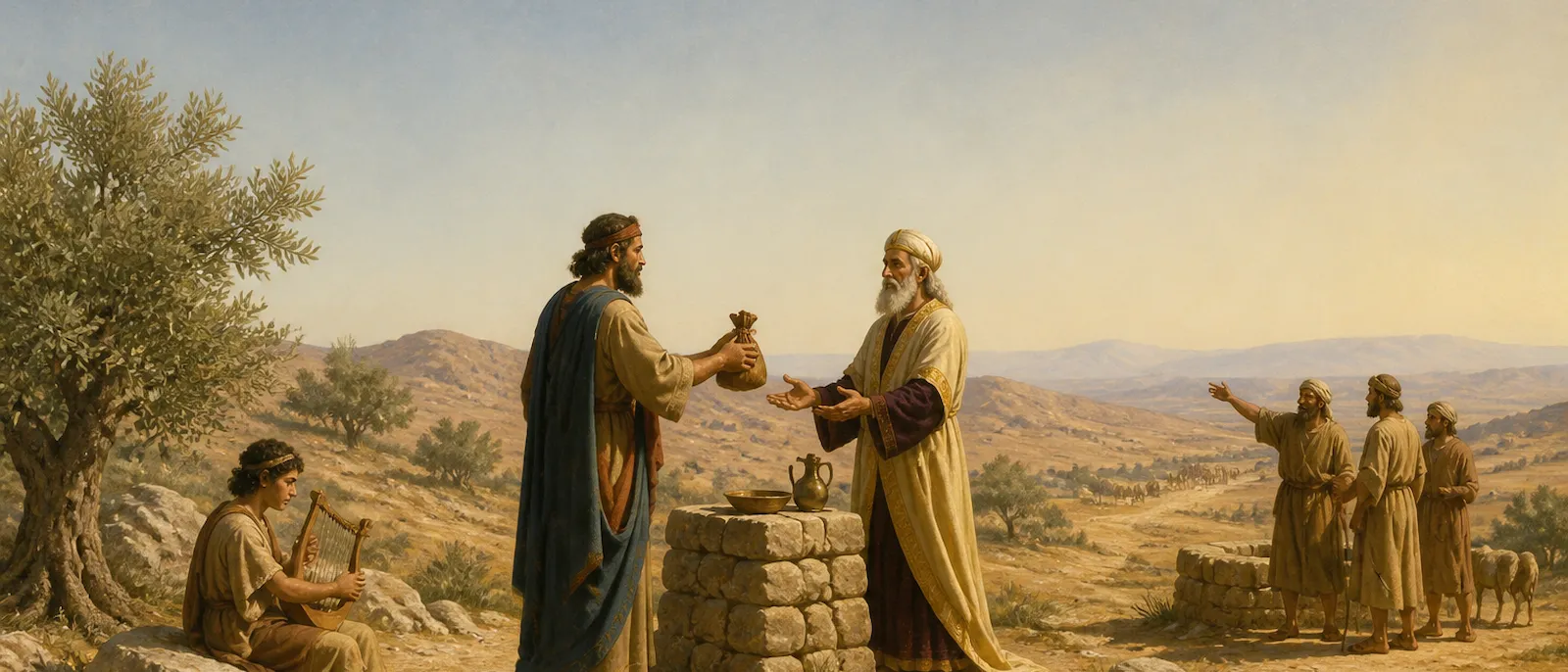 Fourteenth-century BCE figures representing biblical patriarchs engage in distinct acts of offering, music, and assembly across a vast pastoral horizon.