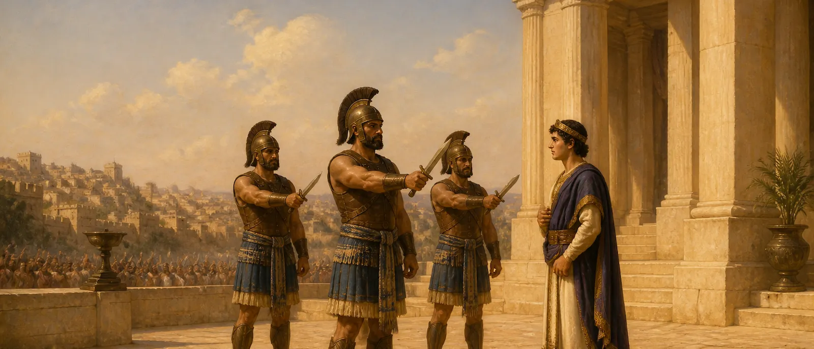 A group of elite foreign palace guards stands in a protective formation with drawn swords near a stone colonnade under a bright sky.