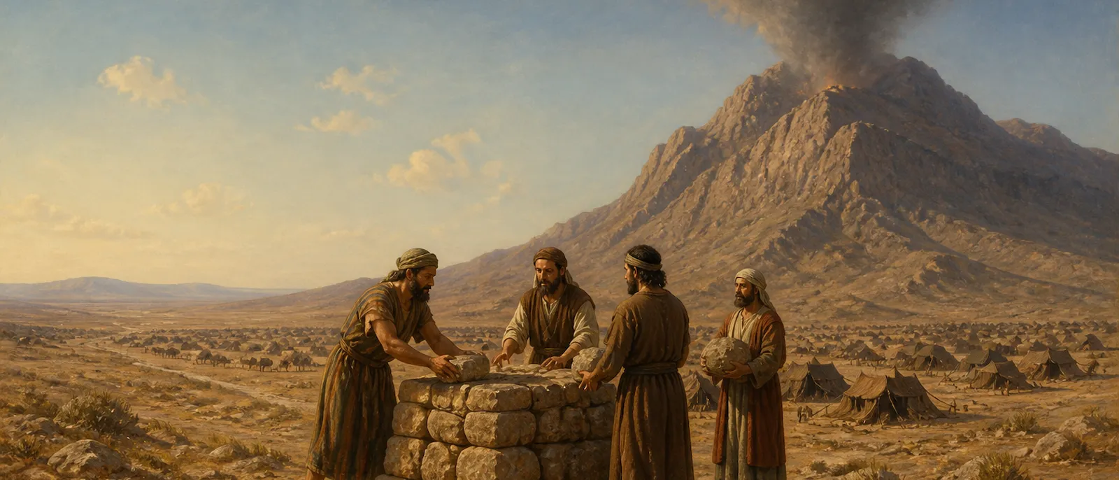 A group of ancient nomadic people stands before a simple stone altar in a vast desert valley beneath a towering mountain.