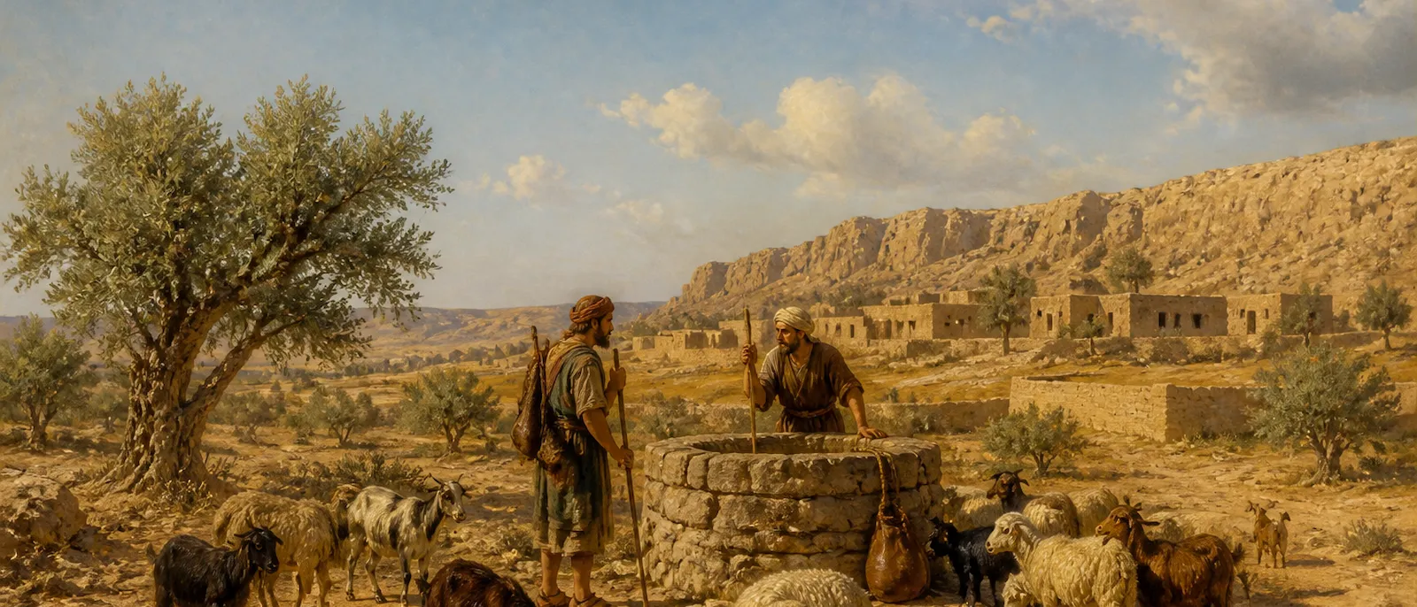 Two ancient shepherds stand with their livestock near a stone well in an arid valley featuring distant mud-brick dwellings and rocky hills.