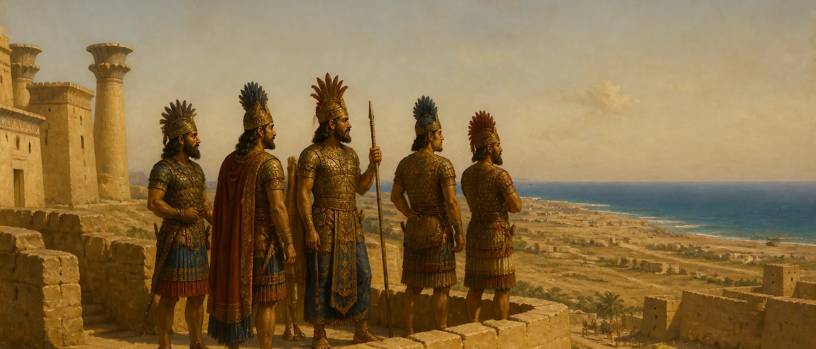 Philistine leaders in feathered helmets stand on a coastal fortification overlooking ox-drawn carts and the sea.