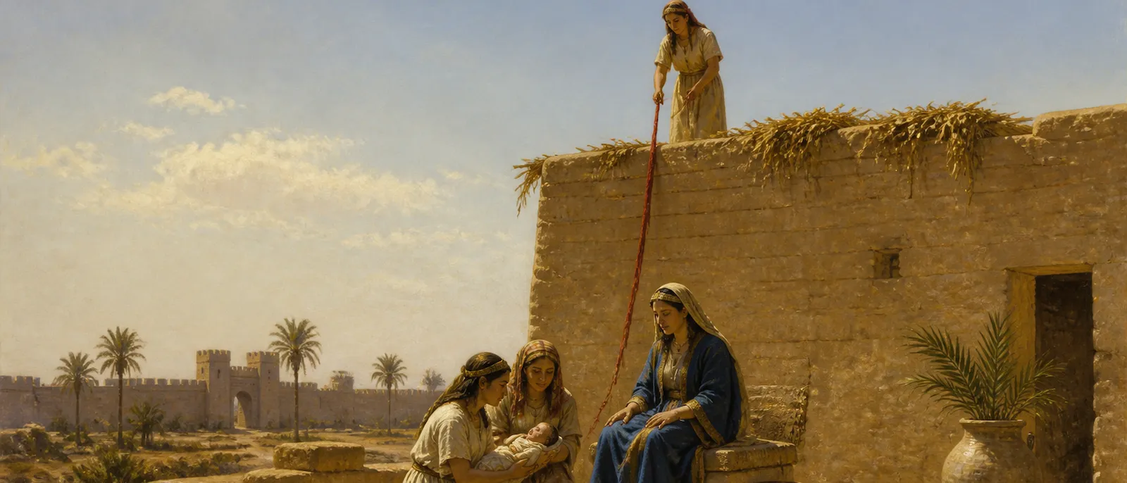 Three women in ancient dress are depicted in a split scene featuring a dispute over an infant in a courtyard and a scarlet rope being lowered from a flax-covered rooftop.