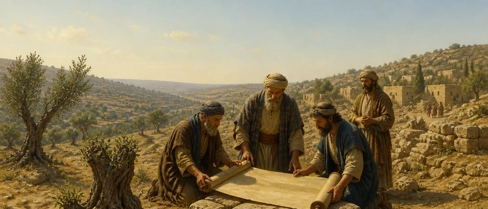 Ancient elders of the Puthite clan gather on a rocky hillside near their limestone village to examine a large blank scroll among olive trees.