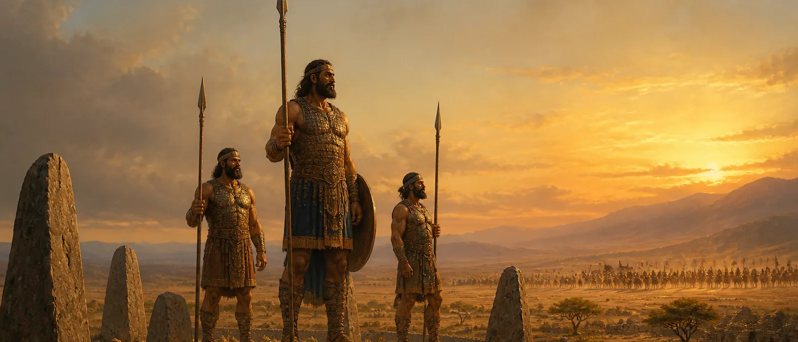 Three exceptionally tall ancient warriors stand beside large stone pillars in a rugged desert landscape under a late afternoon sun.