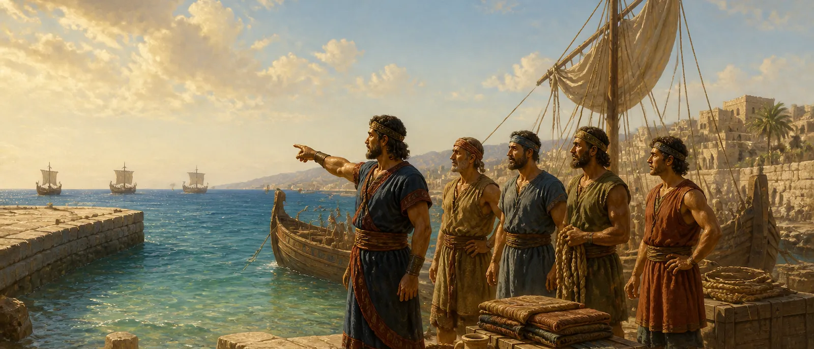 Ancient seafaring men stand on a Mediterranean stone dock beside wooden ships and cargo, representing the descendants of Javan.