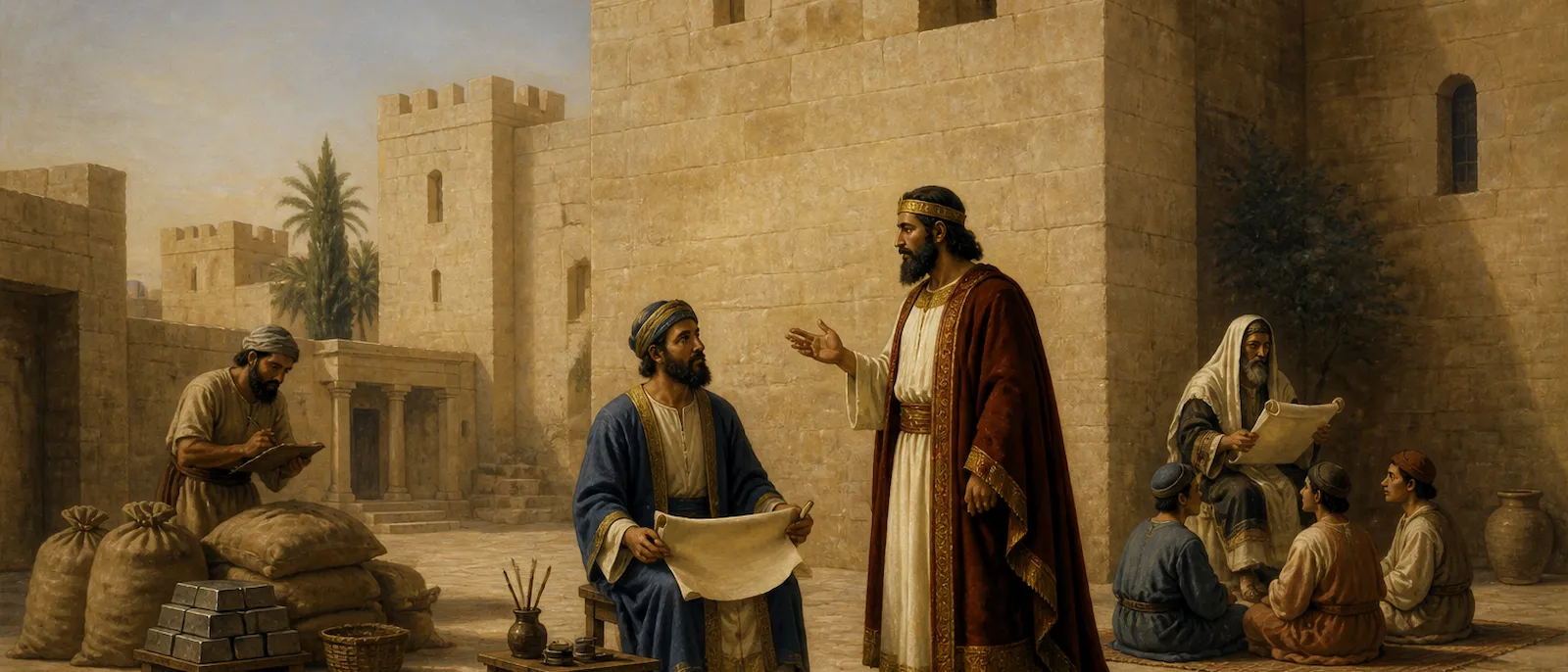 A group of ancient professional writers and scholars perform their duties in a royal stone courtyard, managing records and reading from scrolls.