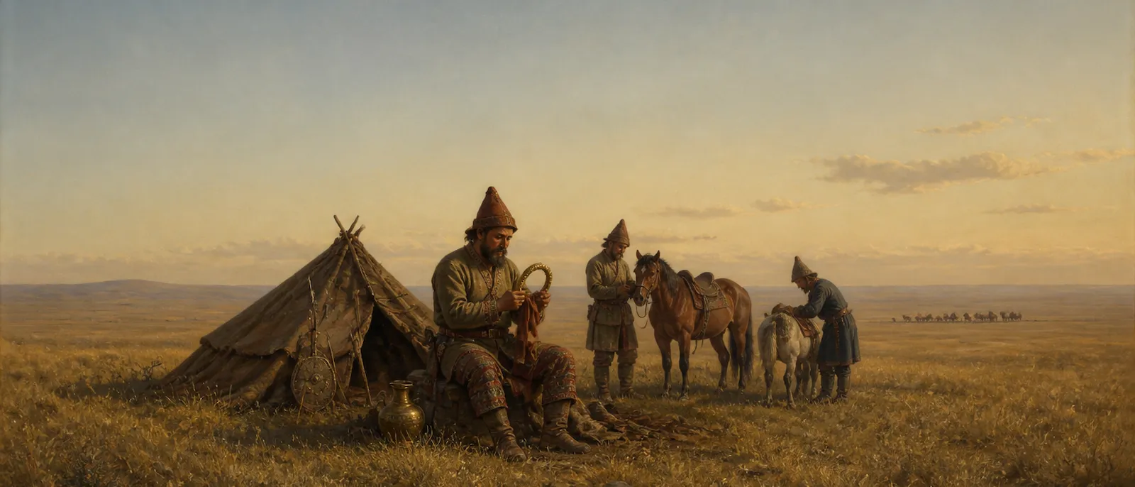 A group of Scythian nomadic warriors rest in a grassy plain with their horses and a simple tent.