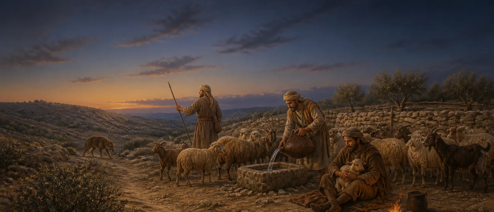 Several ancient shepherds in traditional robes care for their flock in a rocky, twilight landscape featuring a stone sheepfold and a small fire.