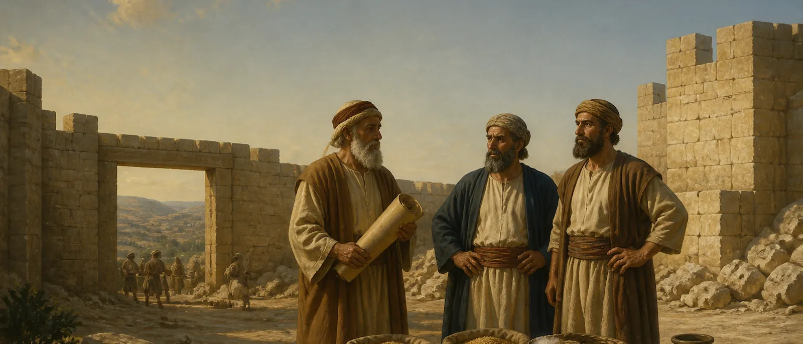 Members of the Shilonite clan settle in post-exilic Jerusalem near a stone gate with the hills of Judah in the distance.