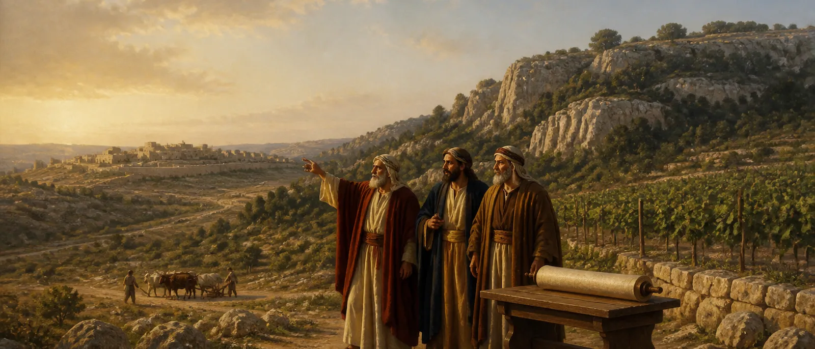 Clan leaders of Judah stand near a wooded hillside and a rolled scroll while oversee-ing the construction of a village.
