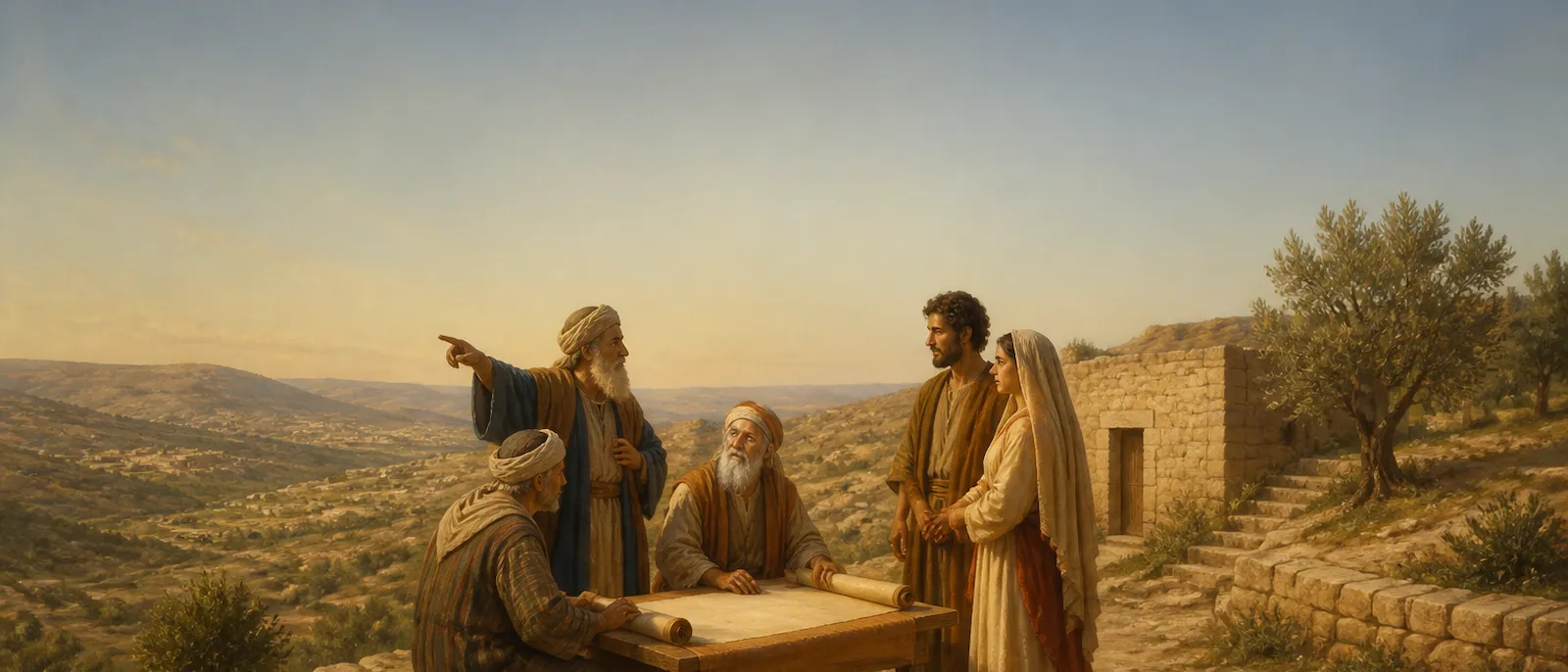 A group of Benjamite elders and a young couple gather in a highland courtyard to formalize a lineage connection.