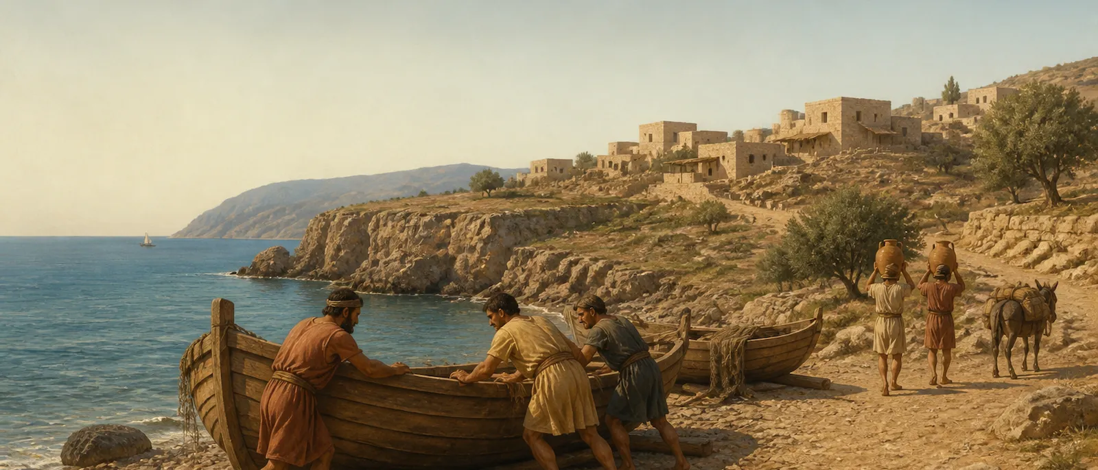 Ancient Canaanite descendants of Sin work along a rocky Mediterranean coastline near stone houses and cedar boats.