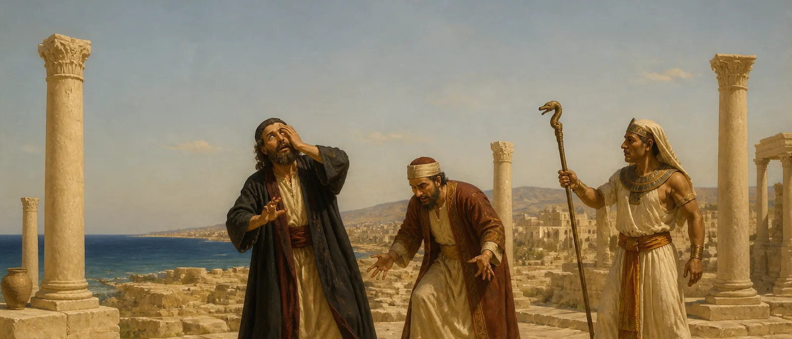 Three ancient sorcerers from different regions stand together in a courtyard, with one grasping his blinded eyes and another dropping a bag of silver.