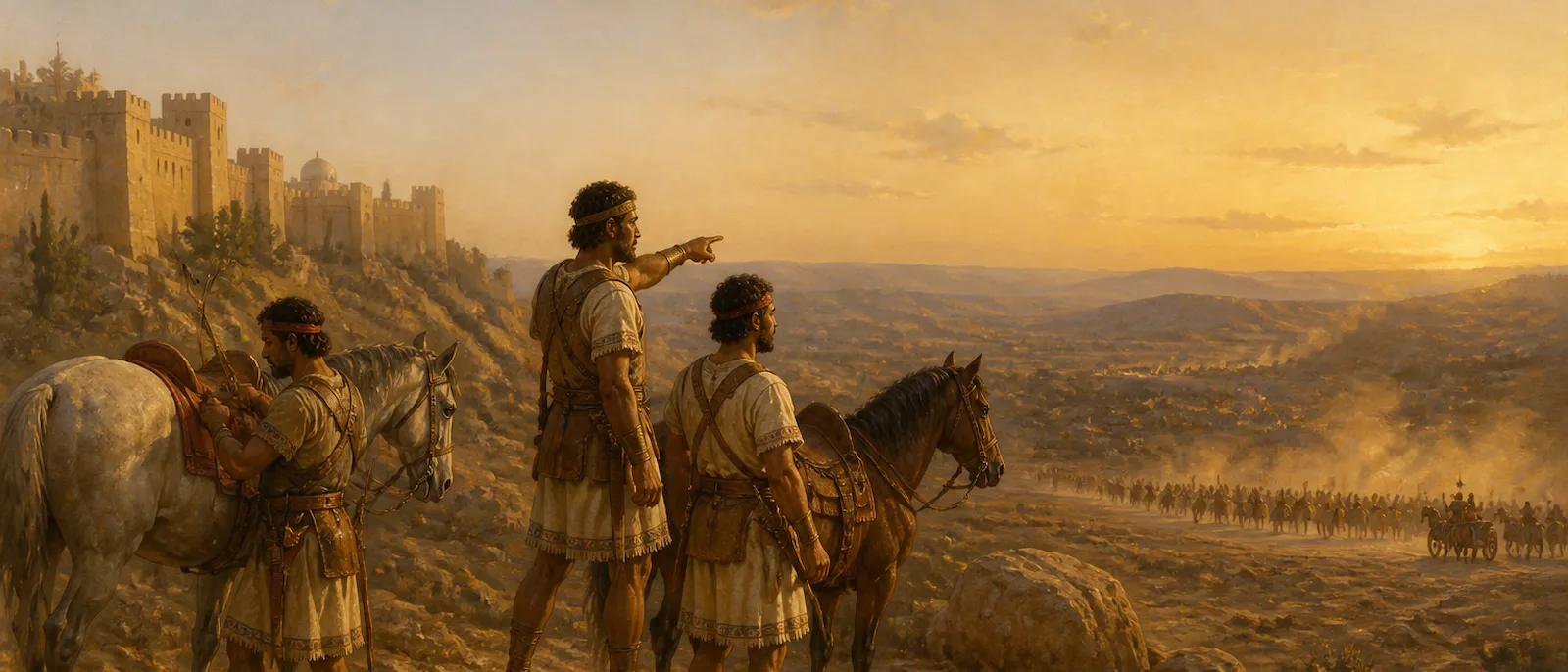 Three ancient North African scouts in light armor stand with their horses on a rocky ridge overlooking a massive army approaching a fortified mountain city.