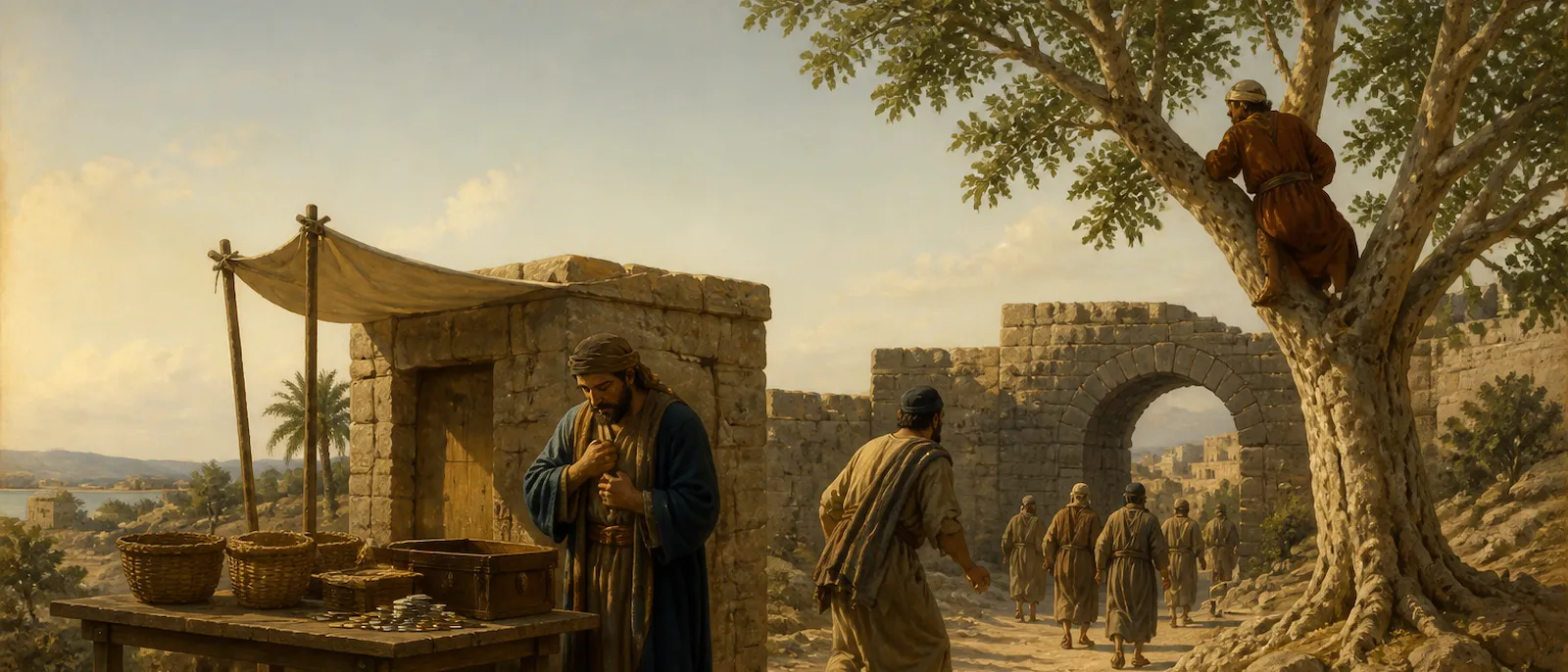A group of Jewish tax collectors in ancient Roman-occupied Judea engage in various acts of repentance and service near a city gate and a sycamore tree.