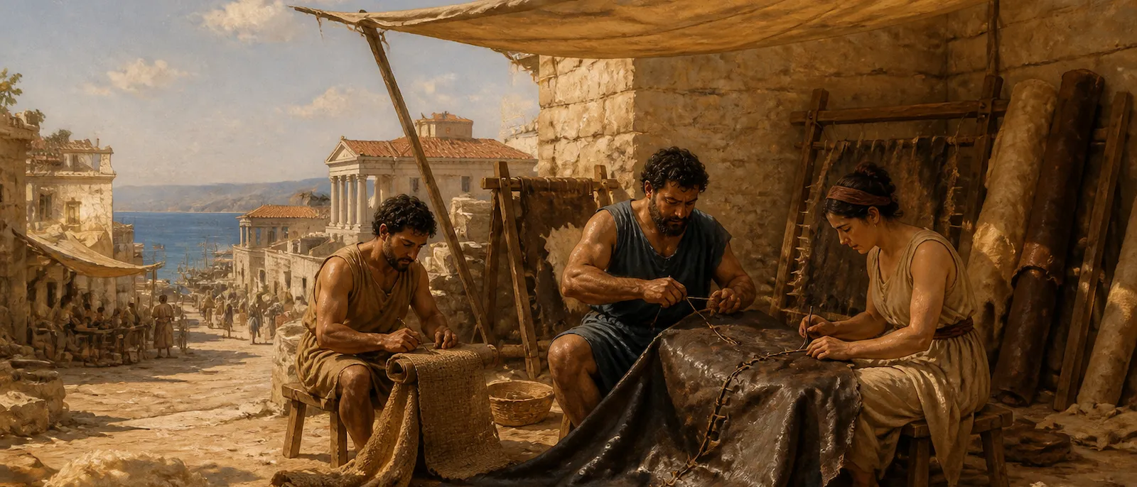 Three people sit together in a workspace sewing thick leather and fabric into large tents using hand tools.