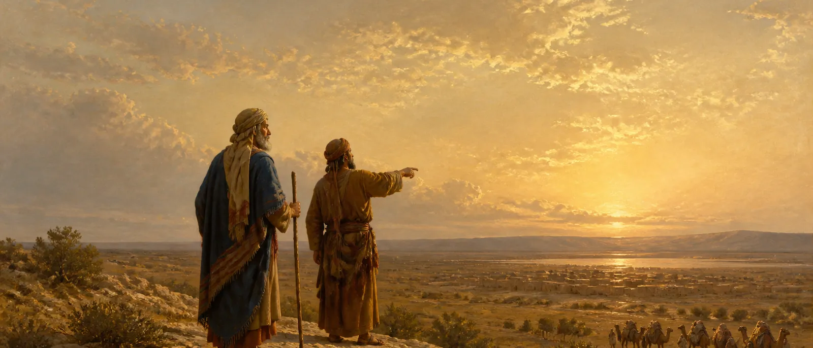 A man in ancient Near Eastern robes stands on a high rocky ridge overlooking a distant valley with a traveling caravan.