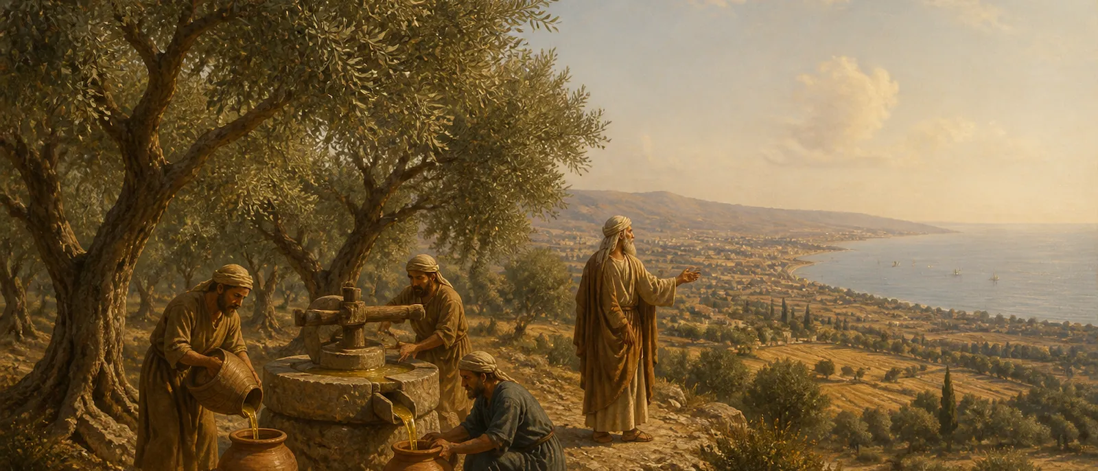 Men harvest olives and collect oil on a lush northern hillside overlooking the sea.