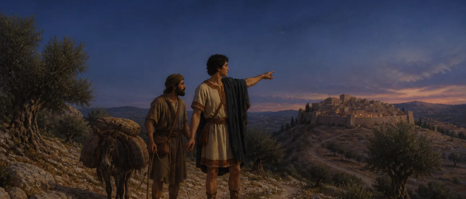 Saul and his servant stand on a rocky hillside overlooking a distant village at dusk while searching for lost donkeys.