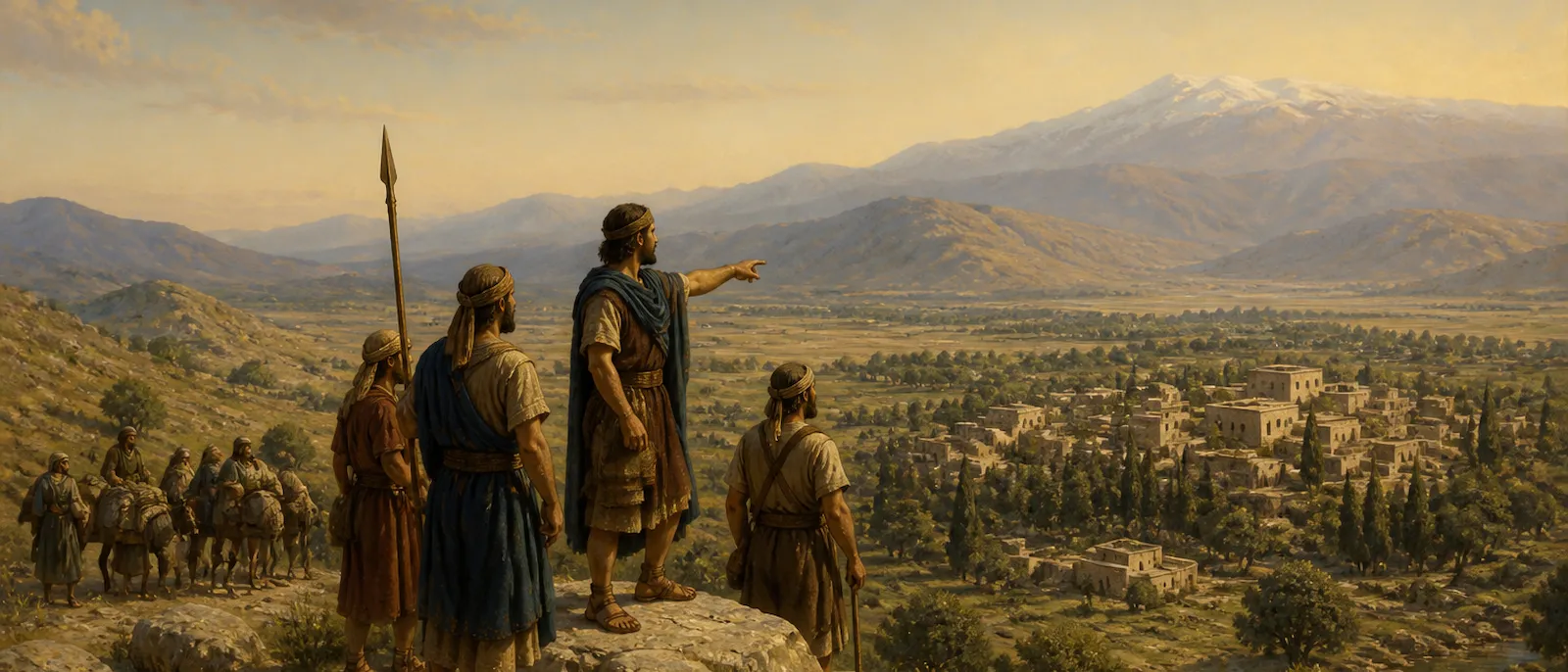 A group of ancient Danite scouts stand on a high ridge overlooking a fertile valley and the quiet city of Laish.