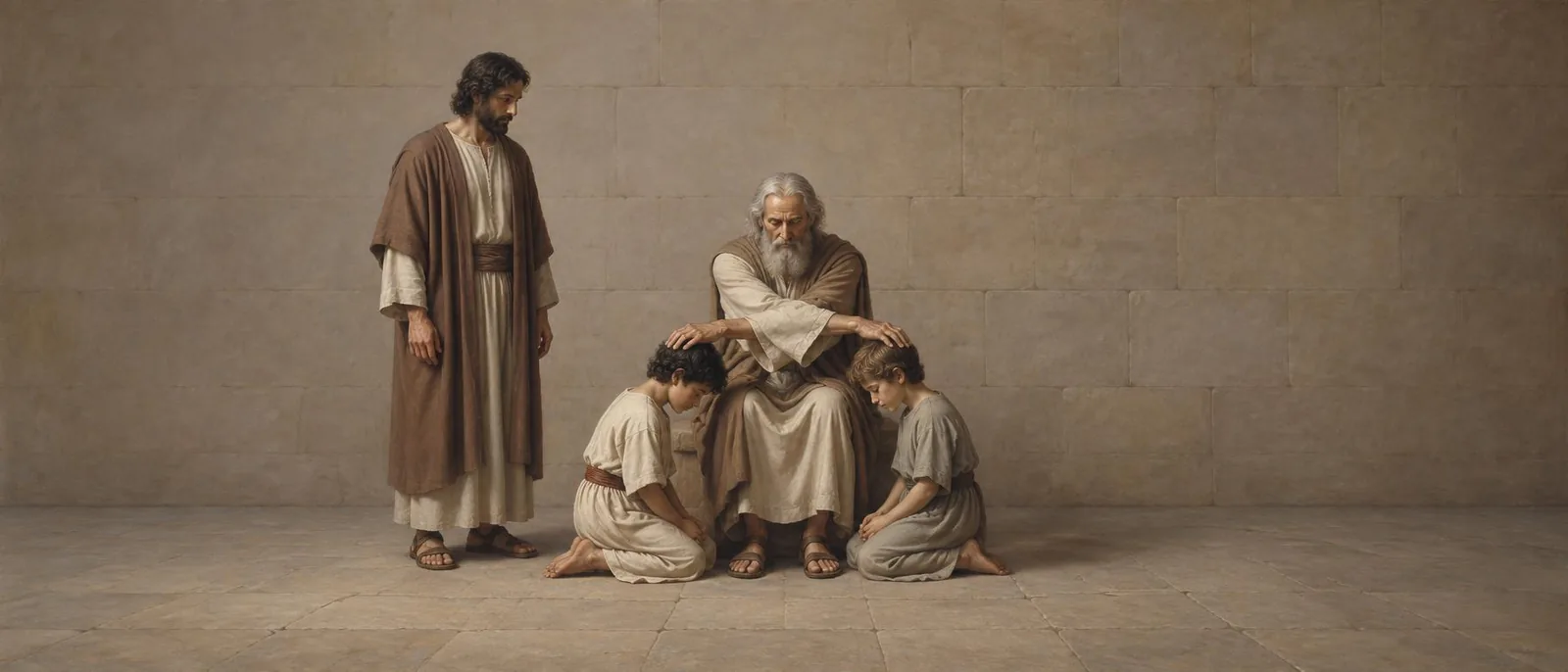 Jacob blesses Ephraim and Manasseh with crossed hands as Joseph stands beside them.