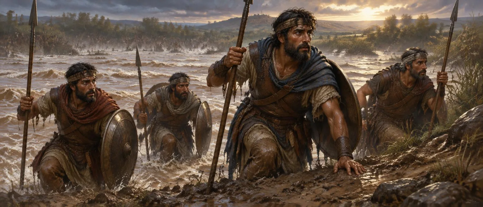 Gadite warriors cross the flooded Jordan to join David.