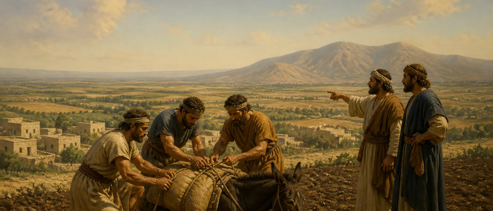 Men of the tribe of Issachar work among their harvest in the fertile Jezreel Valley with pack animals and distant hills.
