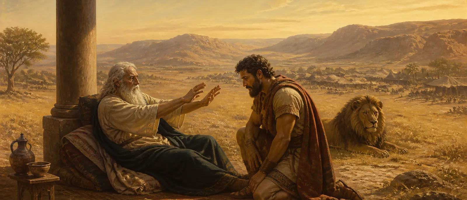 An elderly patriarch blesses a strong man in a field where a lion rests nearby and a scepter lies on the ground.