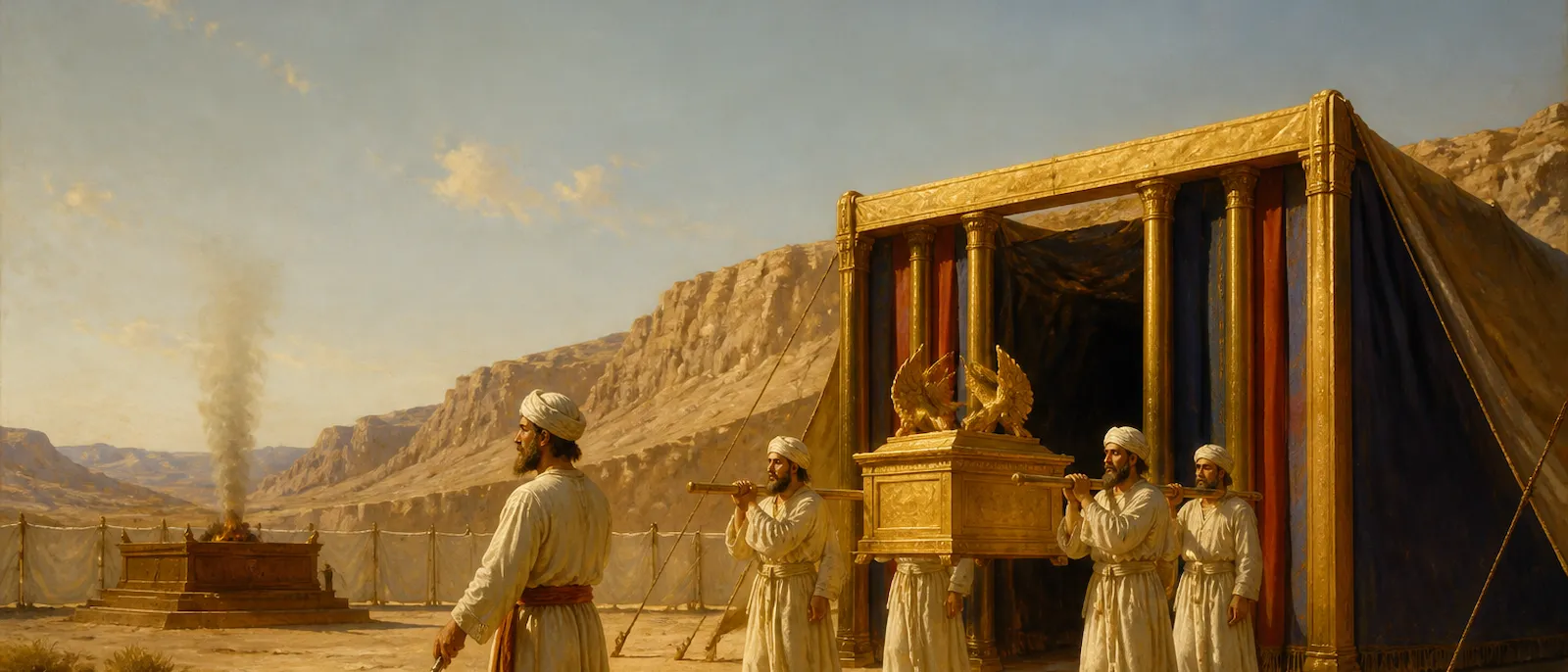 Levite priests dressed in linen tunics carry the sacred Tabernacle furniture through a desert camp.