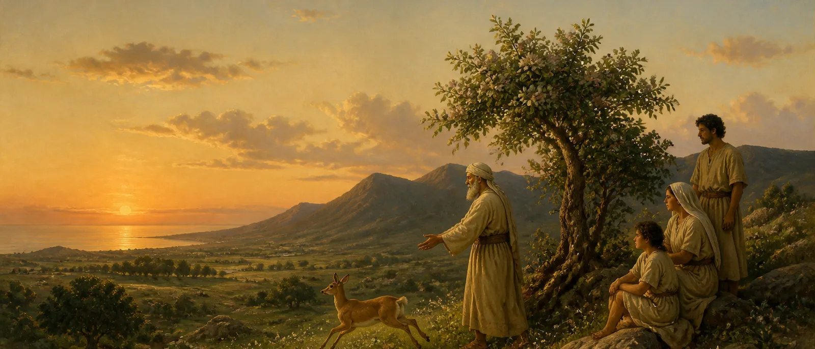 A group of ancient tribal people stand on a verdant hillside near a large tree while a deer runs freely through a flowering valley.