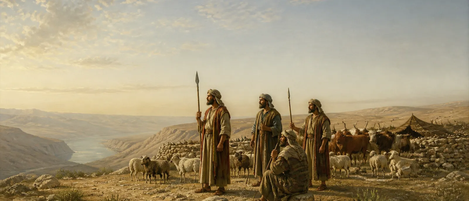 A group of ancient herdsmen and soldiers from the tribe of Reuben stand with their livestock on a high plateau overlooking the Jordan River valley.