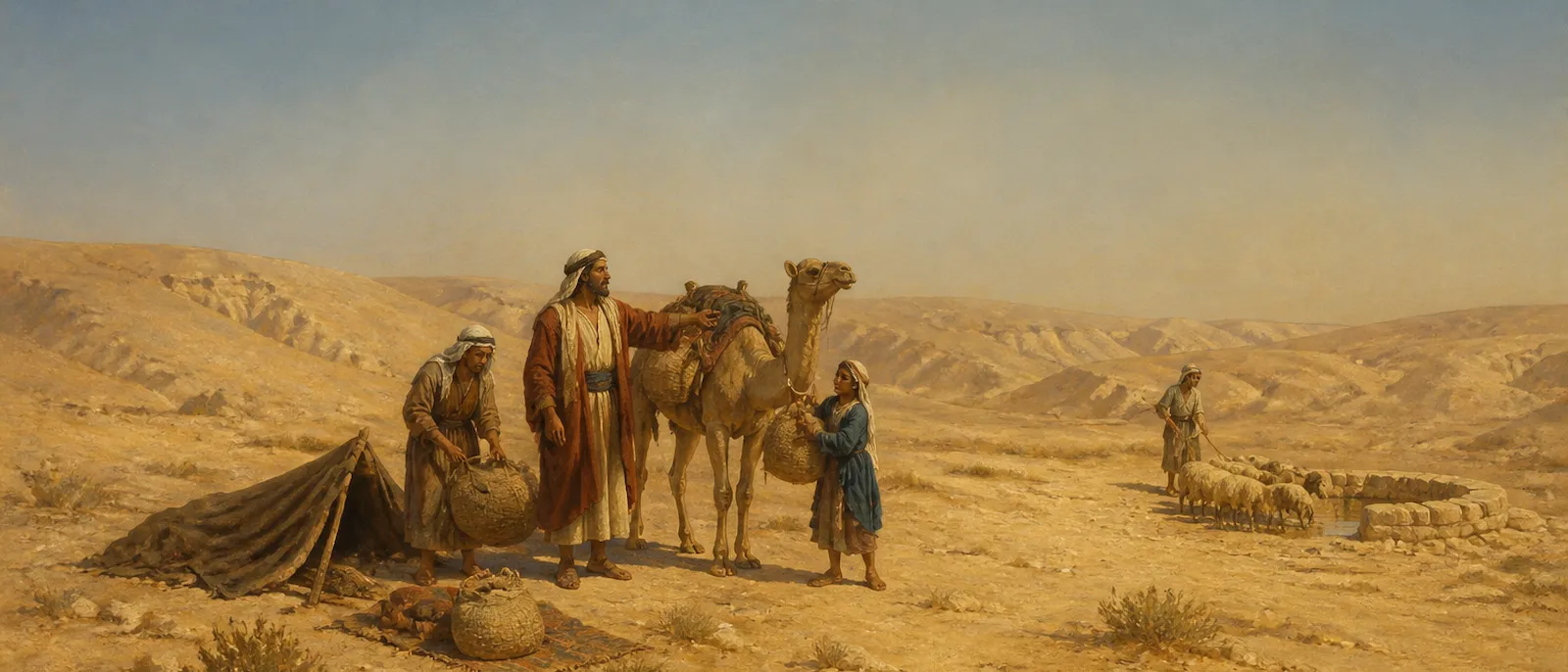 A Simeonite family packs their livestock and tents for relocation across the dry, sun-drenched hills of the southern Judean wilderness.
