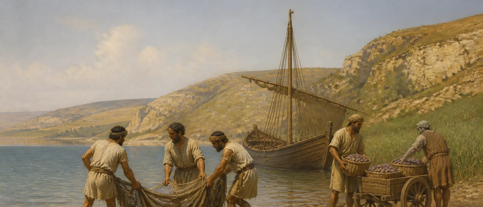 Men of the tribe of Zebulun gather sea shells and haul fishing nets from their merchant boat on the Galilean shore.