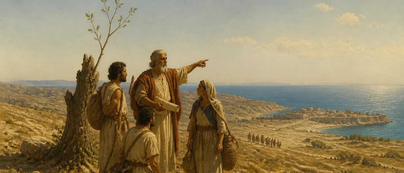 A group of ancient Canaanite men stands near a symbolic budding stump while looking toward a coastal settlement by the sea.